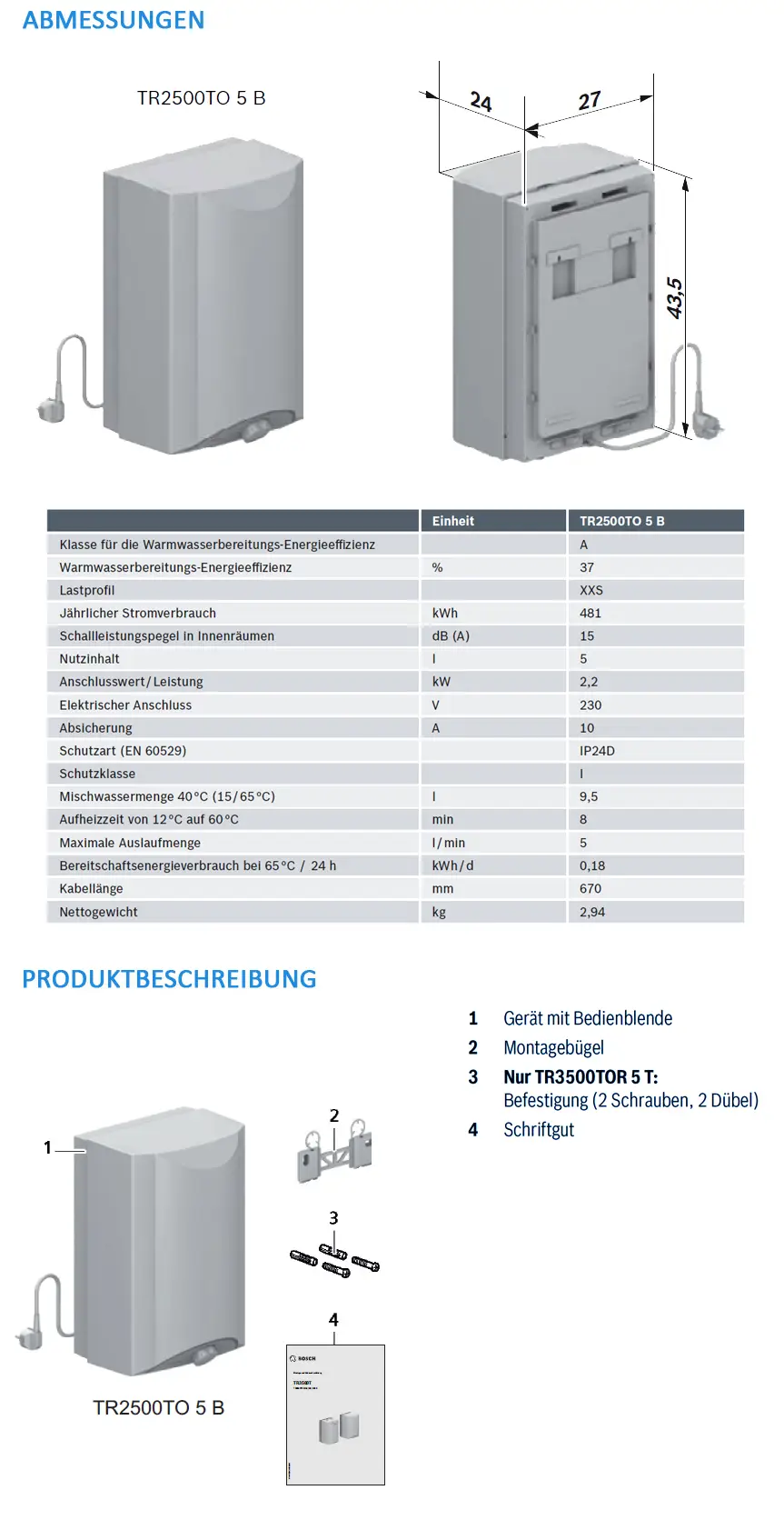 Weißer Wasserspeicher von Bosch mit Bedienblende, Montagebügel und Anschlussinformationen. Technische Details und Maße sind in der Tabelle dargestellt.
